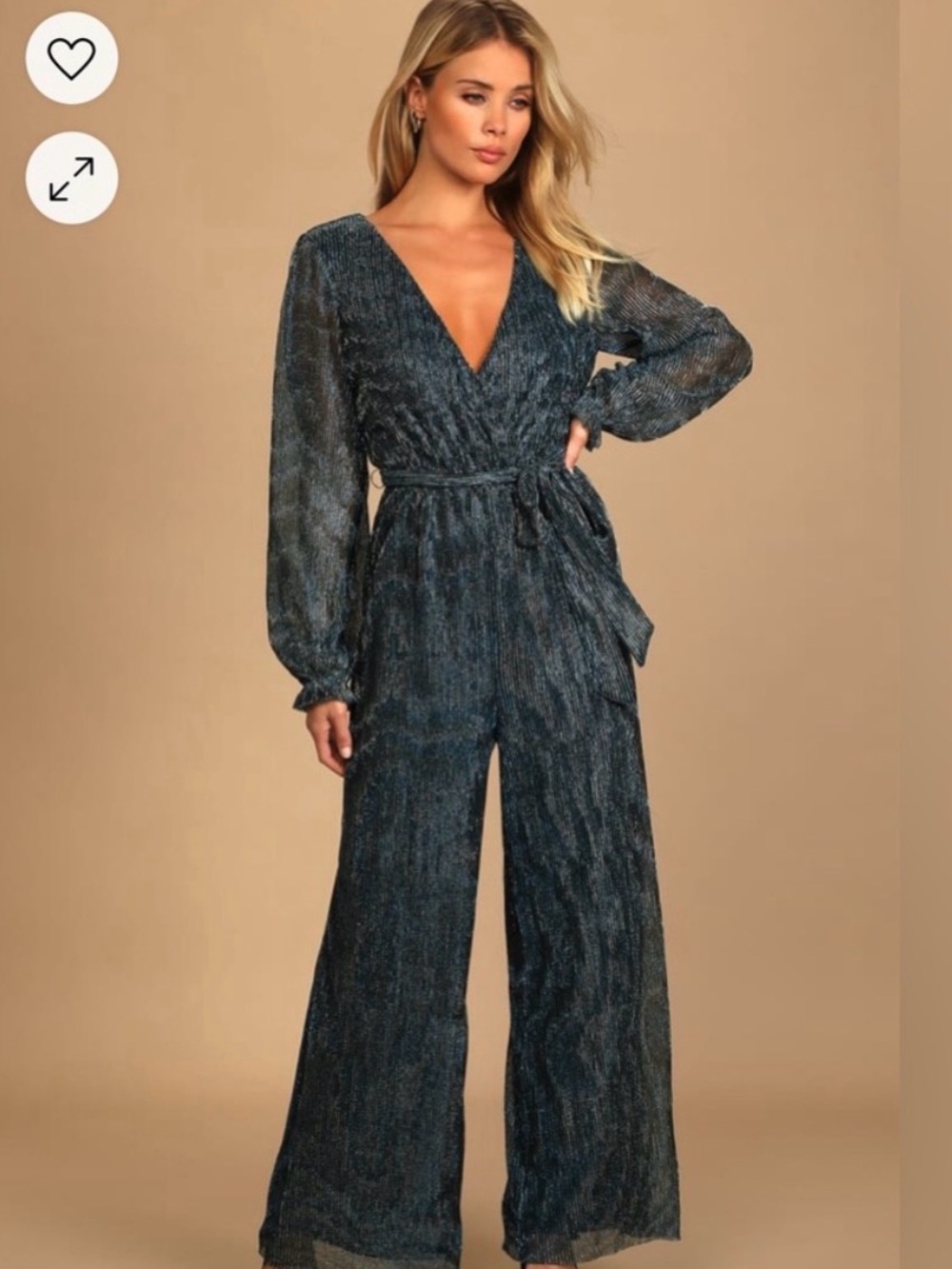 Lulu's Shimmering Teal V-Neck Wide-Leg Jumpsuit